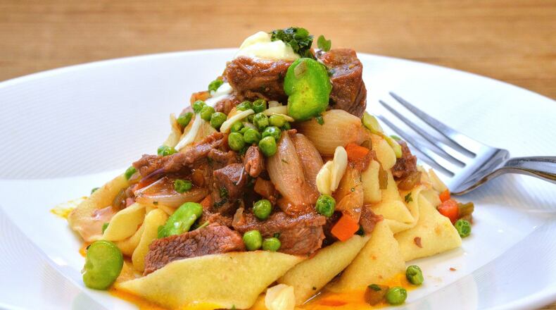 Executive chef Savannah Sasser’s pasta dish is a knockout: pappardelle with braised lamb, favas, English peas, roasted pearl onions, carrot puree, pistou and mascarpone. CONTRIBUTED BY CHRIS HUNT PHOTOGRAPHY