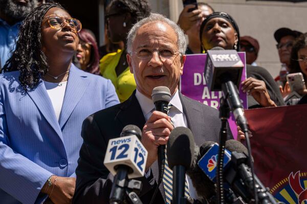 Paul Fishman, attorney for Rep. LaMonica Mclver (D-10th) speaks during a press conference outside a federal court Wednesday, June 25, 2025, in Newark, N.J. (AP Photo/Yuki Iwamura)