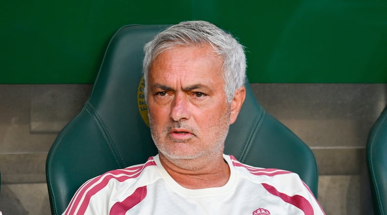 Real Madrid's head coach Jose Mourinho reacts prior to the friendly soccer match between Ferencvaros TC and Real Madrid in the Groupama Arena in Budapest, Hungary, Saturday, Aug. 8, 2026. (Boglarka Bodnar/MTI via AP)