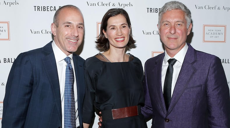 Disgraced news anchor Matt Lauer, wife Annette Roque and artist David Kratz, right, attend the 2013 Tribeca Ball at the New York Academy of Art on April 8, 2013 in New York City.