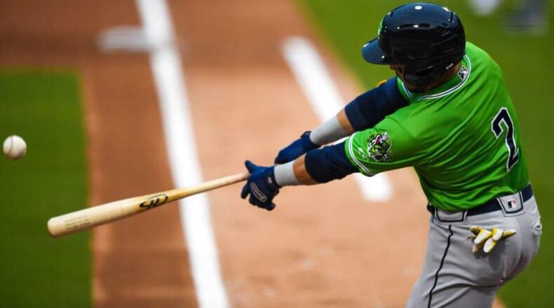 Yolmer Sanchez connects for a double in the second inning in Gwinnett’s 10-9 victory in the season opener over Charlotte Tuesday, May 4, 2021, in Charlotte, N.C. (Laura Wolff/Charlotte Knights)