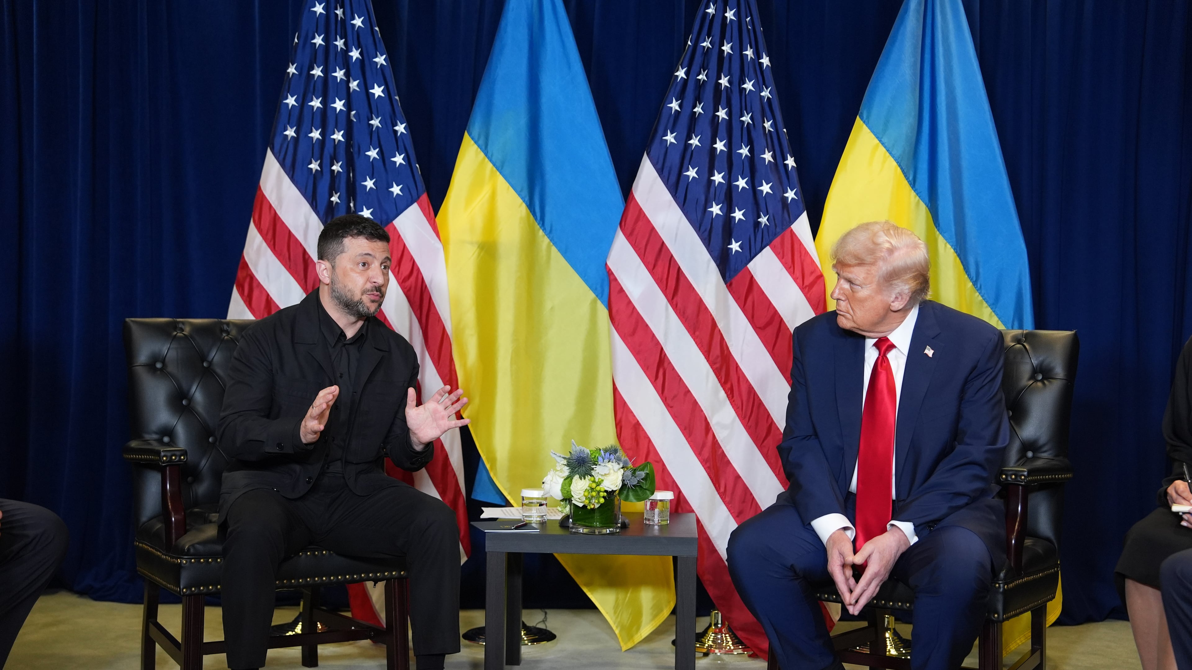 President Donald Trump meets with Ukrainian President Volodymyr Zelenskyy during the United Nations General Assembly, Tuesday, Sept. 23, 2025, in New York. (AP Photo/Evan Vucci)