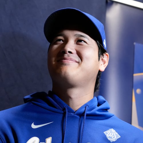 Los Angeles Dodgers' Shohei Ohtani speaks during a World Series baseball media day, Thursday, Oct. 23, 2025, in Toronto. The Toronto Blue Jays face the Los Angeles Dodgers in Game 1 on Friday. (AP Photo/Brynn Anderson)