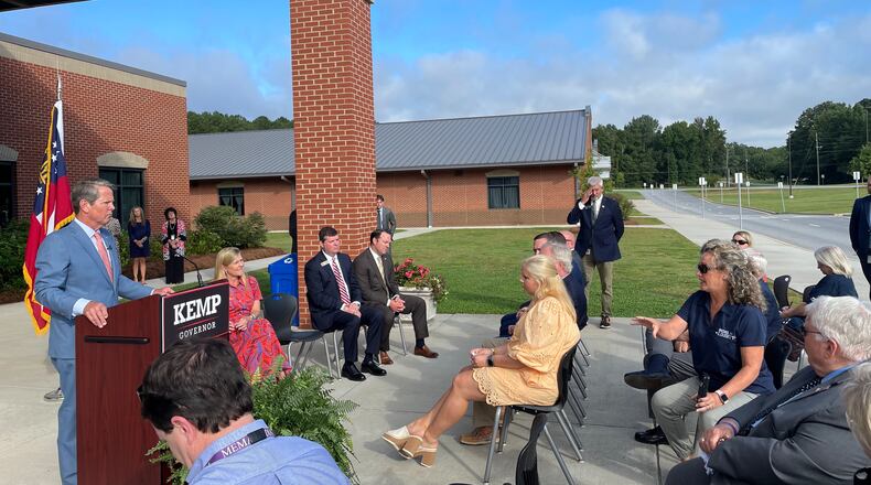 Gov. Brian Kemp outlined a second-term education agenda outside Dove Creek Elementary School in Statham, Ga., in Oconee County on Monday, Sept. 12, 2022. (Ty Tagami/ty.tagami@ajc.com)