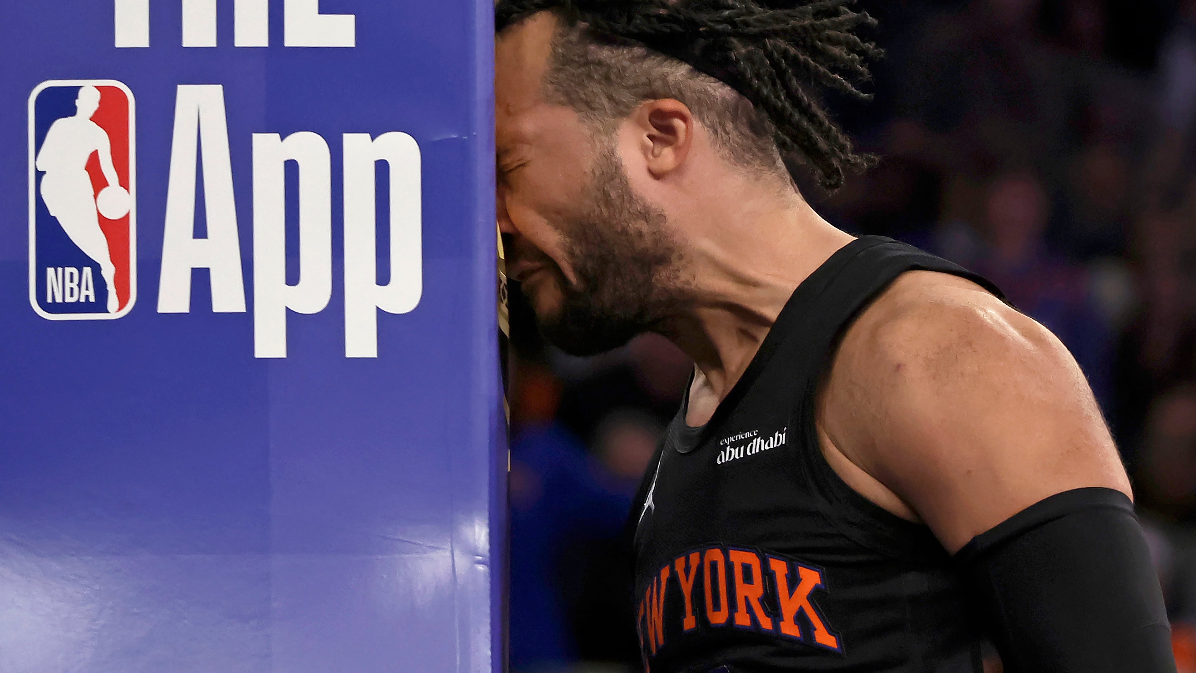 New York Knicks guard Jalen Brunson reacts after being fouled during the second half of an NBA Cup basketball game against the Milwaukee Bucks, Friday, Nov. 28, 2025, in New York. (AP Photo/Adam Hunger)