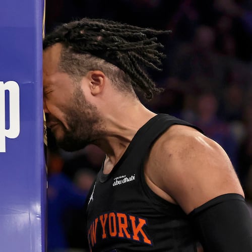 New York Knicks guard Jalen Brunson reacts after being fouled during the second half of an NBA Cup basketball game against the Milwaukee Bucks, Friday, Nov. 28, 2025, in New York. (AP Photo/Adam Hunger)
