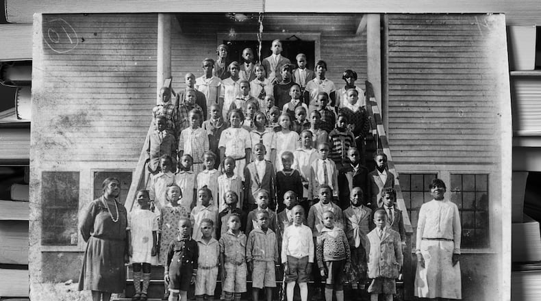 Two teachers and 55 students were photographed in the 1920s in front of the Jefferson Jacob School in Kentucky. Andrew Feiler reproduced the photo for his book on the Rosenwald Schools. Early in the school building program, Booker T. Washington sent Julius Rosenwald photographs like this of schoolchildren and teachers standing proudly in front of their schools. Rosenwald was deeply moved by these images, and they contributed to his decision to expand the initiative; he eventually built almost 5,000 schools for Black children. Photo: Andrew Feiler