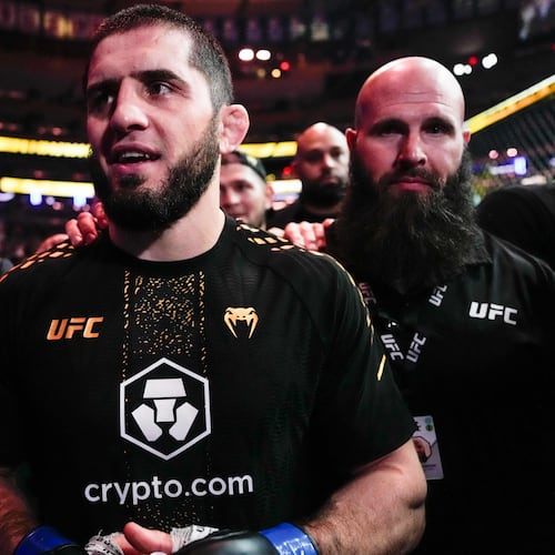 FILE - Russia's Islam Makhachev leaves a welterweight title bout after defeating Australia's Jack Della Maddalena at the UFC 322 mixed martial arts event, Saturday, Nov. 15, 2025, in New York. (AP Photo/Yuki Iwamura, file)