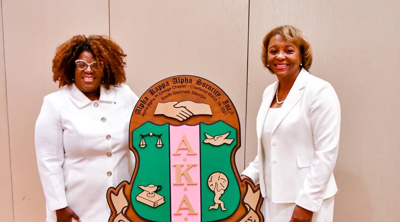 (L-R) Alpha Alpha Pi Omega Chapter President Adelma Stanford Brown and Alpha Kappa Alpha South Atlantic Regional Director Carolyn G. Randolph at the chartering ceremony for the new southern Gwinnett County chapter on March 14. (Courtesy of Alpha Kappa Alpha)