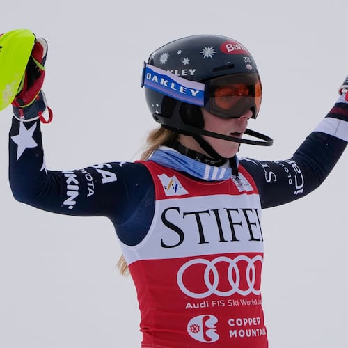United States' Mikaela Shiffrin celebrates after her run during a World Cup women's slalom skiing race, Sunday, Nov. 30, 2025, in Copper Mountain. (AP Photo/John Locher)