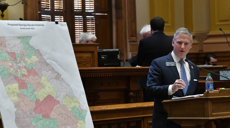 November 9, 2021 Atlanta - Sen. John Kennedy (R-18, Macon) introduces SB 1 EX in the Senate Chambers during a special session at the Georgia State Capitol in Atlanta on Tuesday, November 9, 2021. The hearing was a step toward votes on new political maps for the state House, state Senate and Congress during a once-a-decade redistricting session of the General Assembly. The Senate plans to vote on new maps Tuesday, and the House Redistricting Committee could advance its proposal as well. (Hyosub Shin / Hyosub.Shin@ajc.com)