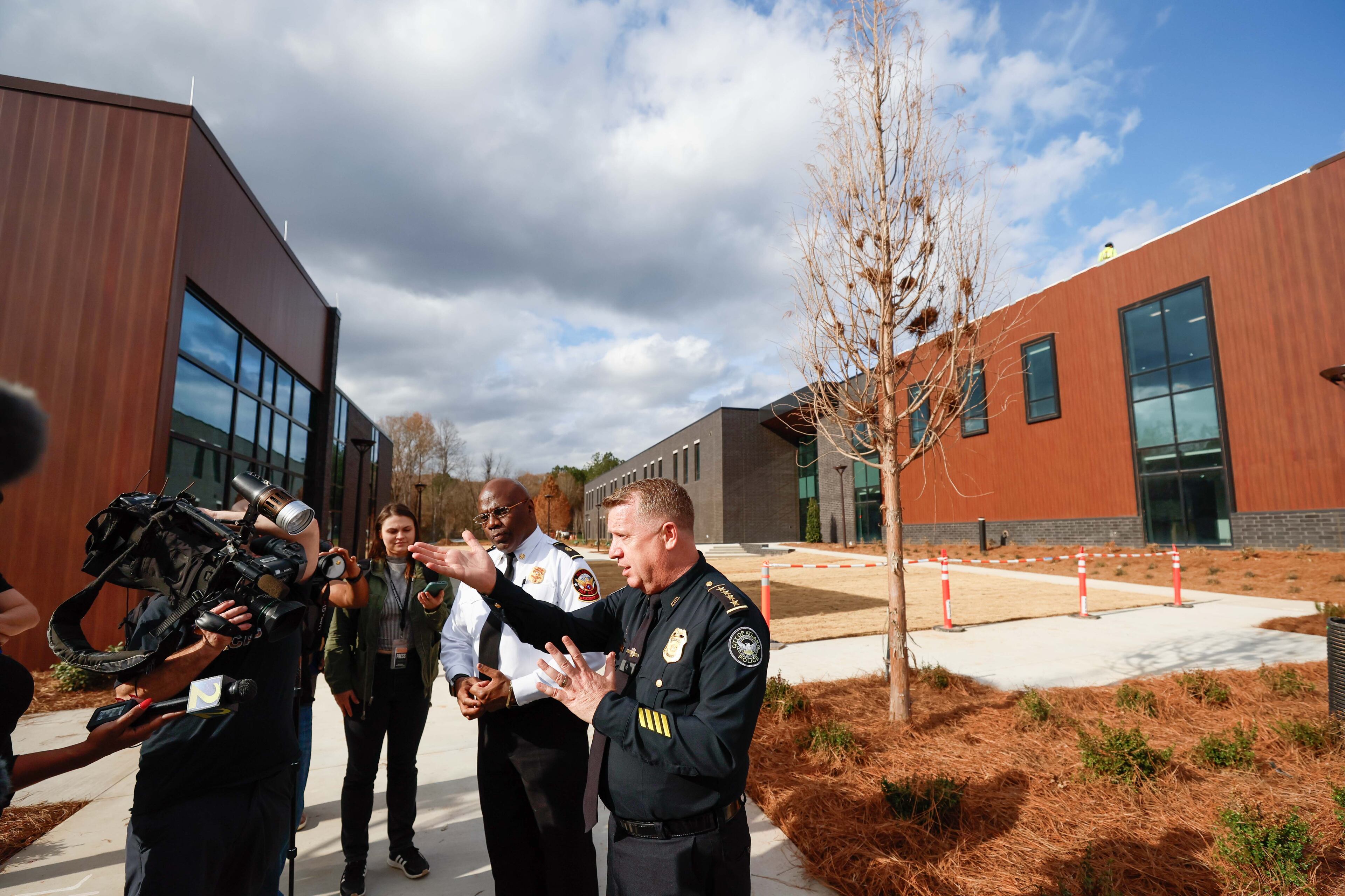 Atlanta Police Chief Darin Schierbaum (right) and Atlanta Fire Chief Roderick Smith (center) completed a media tour of the leadership building and the Wellness Center on Tuesday, December 17, 2024.
(Miguel Martinez/AJC)