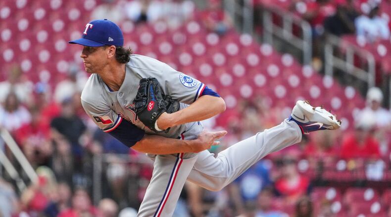 Texas Rangers starting pitcher Jacob DeGrom throws during the first inning of a baseball game against St. Louis Cardinals Monday, June 1, 2026, in St. Louis. (AP Photo/Jeff Roberson)