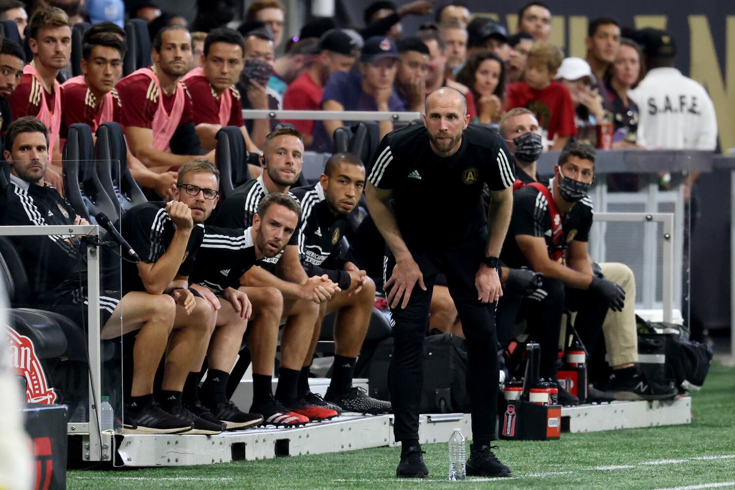 Atlanta United Interim coach Rob Valentino coaches from the bench during the first half against the Columbus Crew at Mercedes-Benz Stadium Saturday, July 24, 2021 in Atlanta. JASON GETZ FOR THE ATLANTA JOURNAL-CONSTITUTION