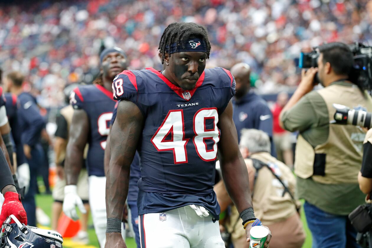 Linebacker Christian Harris, pictured during a 2023 preseason game in Houston, rues the way his time ended with the Texans but is optimistic about his chapter with the Falcons. (Tyler Kaufman/AP)
