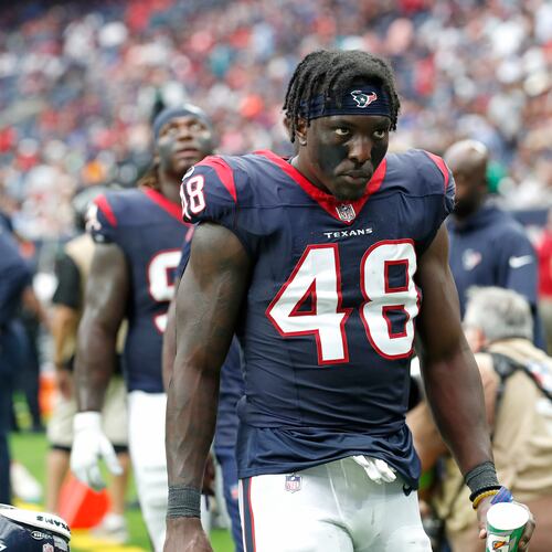Linebacker Christian Harris, pictured during a 2023 preseason game in Houston, rues the way his time ended with the Texans but is optimistic about his chapter with the Falcons. (Tyler Kaufman/AP)