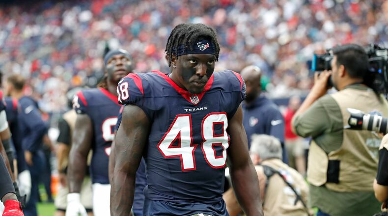 Linebacker Christian Harris, pictured during a 2023 preseason game in Houston, rues the way his time ended with the Texans but is optimistic about his chapter with the Falcons. (Tyler Kaufman/AP)
