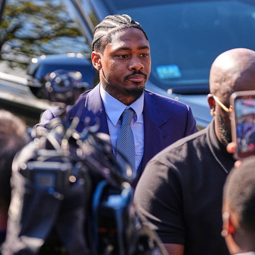 FILE - Former New England Patriots wide receiver Stefon Diggs arrives at Norfolk County District Court, May 4, 2026, in Dedham, Mass. (AP Photo/Charles Krupa, File)