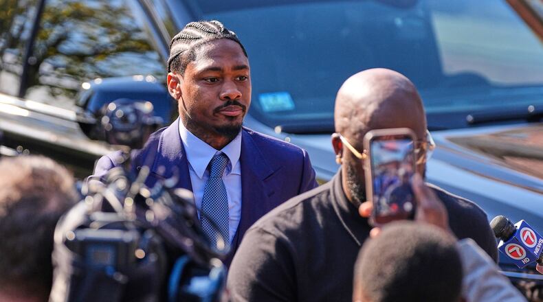 FILE - Former New England Patriots wide receiver Stefon Diggs arrives at Norfolk County District Court, May 4, 2026, in Dedham, Mass. (AP Photo/Charles Krupa, File)