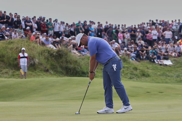 Chris Gotterup of the United States putts on the 8th green during the final round of the British Open golf championship at the Royal Portrush Golf Club, Northern Ireland, Sunday, July 20, 2025. (AP Photo/Peter Morrison)