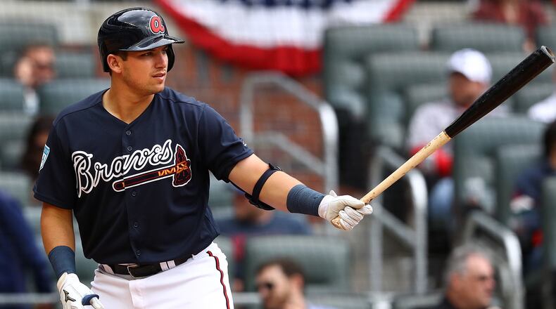 Atlanta Braves infielder Austin Riley bats against the Cincinnati Reds in a MLB preseason baseball game on Tuesday, March 26, 2019, in Atlanta.    Curtis Compton/ccompton@ajc.com