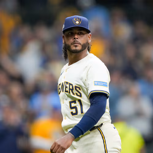 FILE - Milwaukee Brewers pitcher Freddy Peralta walks to the dugout after the top of the fifth inning in Game 2 of baseball's National League Championship Series against the Los Angeles Dodgers, Oct. 14, 2025, in Milwaukee. (AP Photo/Brynn Anderson, File)