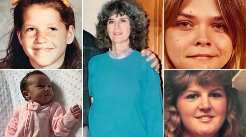These are some of the victims in metro Atlanta cold cases who have been identified using forensic genetic genealogy: Debbie Lynn Randall (top left); Baby India (bottom left); Rebecca Burke (center); Marlene Standridge (top right); and Lorrie Ann Smith.