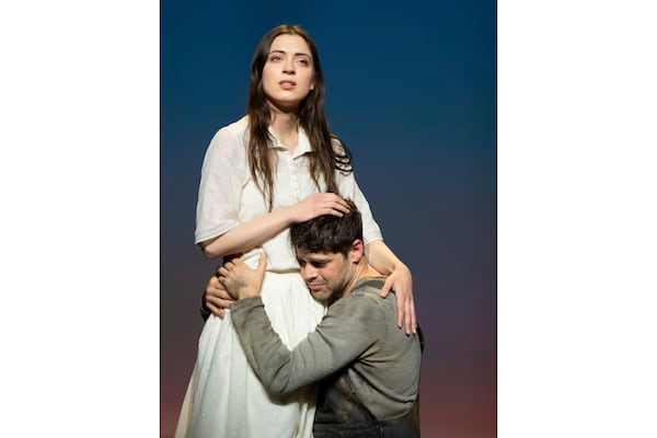 Lizzy McAlpine, left, and Jeremy Jordan appear during a performance of Adam Guettel's Broadway musical, “Floyd Collins” in New York. (Joan Marcus via AP)