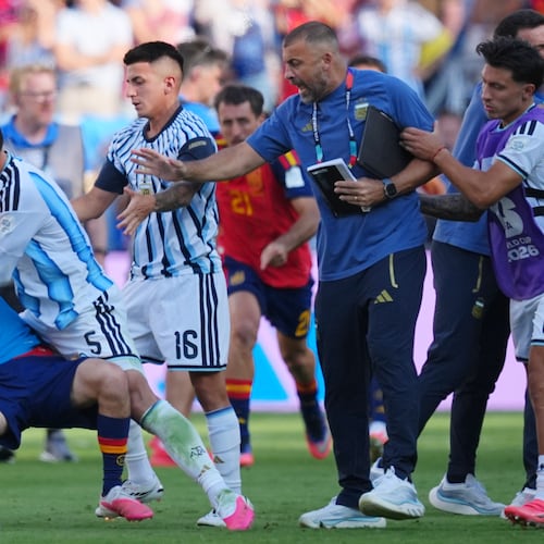 FILE - Argentina's Leandro Paredes (5) knocks down Spain's Gavi (9) during scuffle after the World Cup final soccer match between Spain and Argentina in East Rutherford, N.J., near New York, Sunday, July 19, 2026. (AP Photo/Julio Cortez, File)