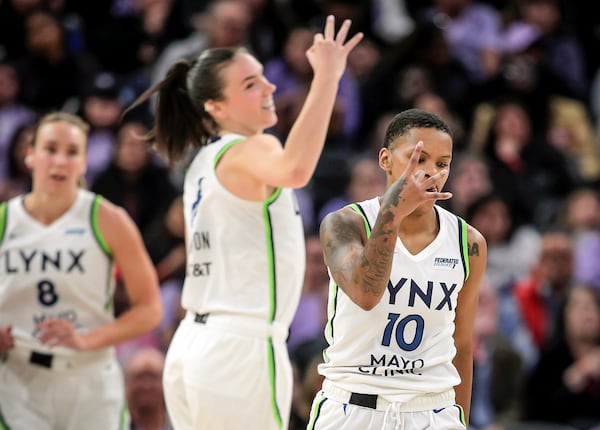 Courtney Williams (10) celebrates a 3-point shot in the second half as the Golden State Valkyries played the Minnesota Lynx at Chase Center in San Francisco, on Sunday, June 1, 2025. (Carlos Avila Gonzalez/San Francisco Chronicle via AP)