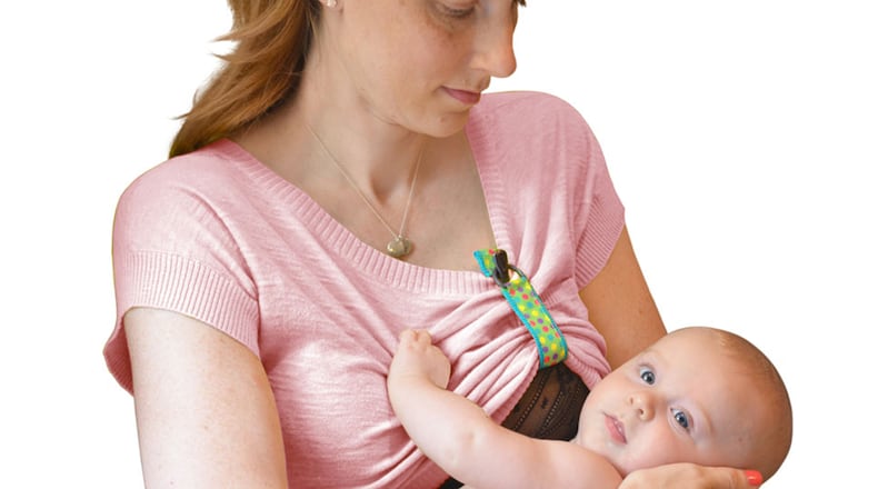 The LatchPal Breastfeeding Clip holds up mom’s shirt to make it easier for baby to feed and mom to move during feeding. (LatchPal)