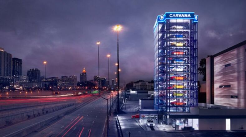 An image of Carvana's 12-story vending machine in Midtown Atlanta.