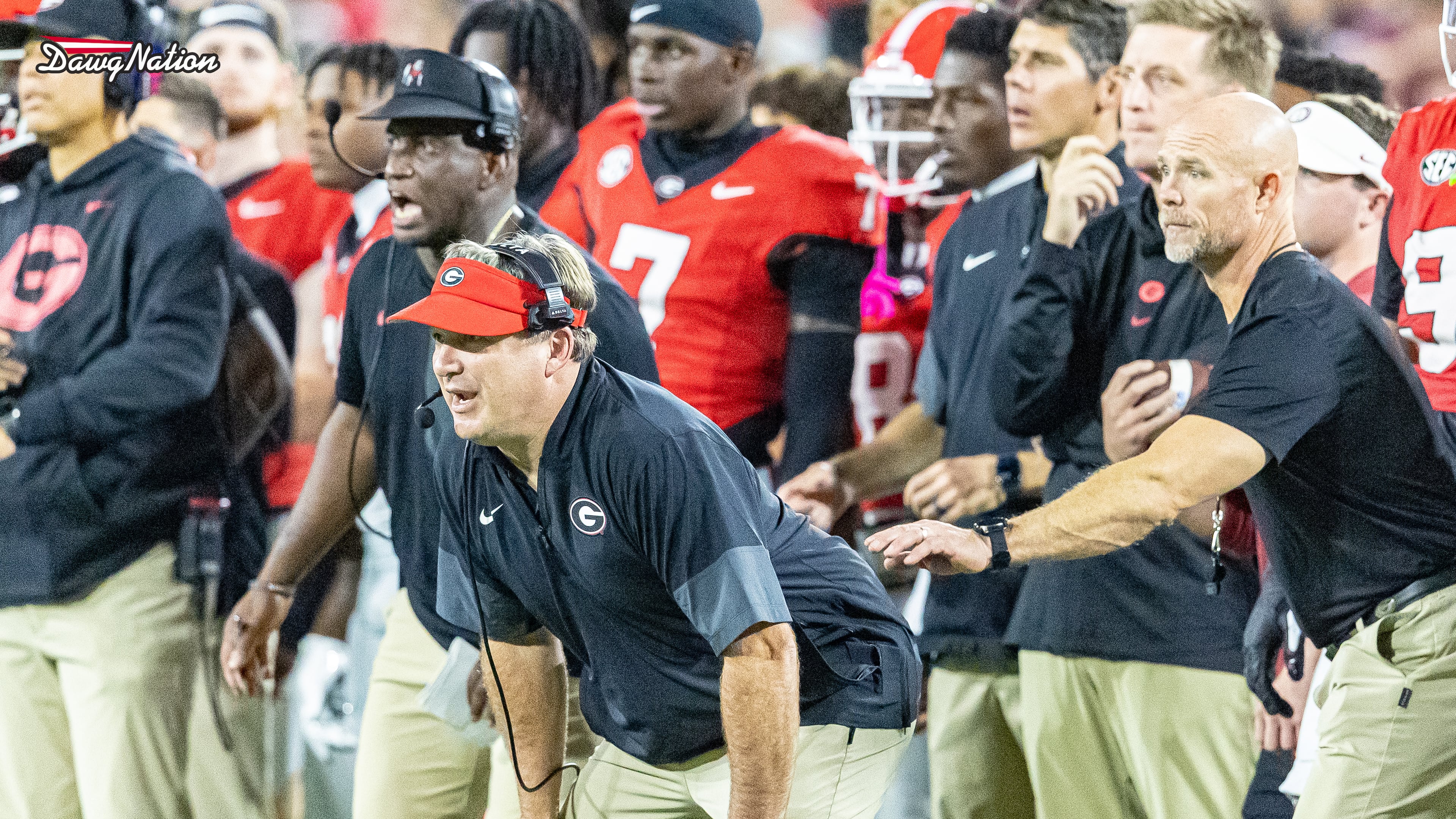 Georgia head coach Kirby Smart hunkers down on the sideline during a key moment of the Alabama game on Saturday, September 27, 2025, inside Sanford Stadium in Athens, Georgia. Georgia and Alabama will face off again in the SEC Championship game on Saturday. (Jeff Sentell/DawgNation)