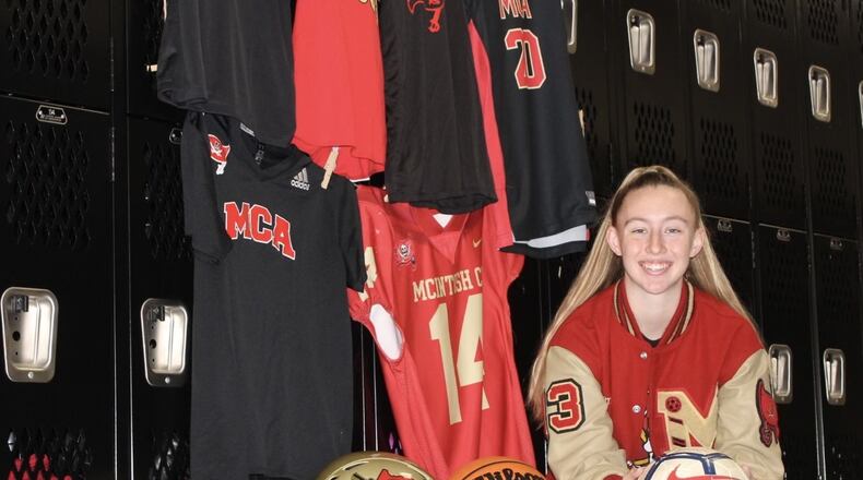 McIntosh County Academy senior Madi McMahan is on pace to earn 20 varsity sports letters - four apiece in soccer, cross country, track and field and basketball and two each in football and flag football.
