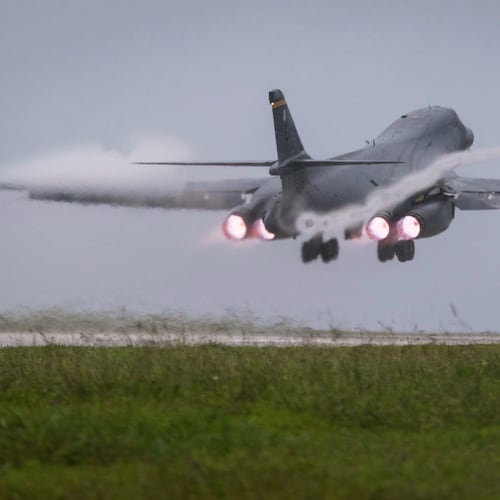 FILE - In this photo released by the U.S. Air Force, a Air Force B-1B Lancer bomber takes off from Andersen Air Force Base, Guam, to fly a mission with two Koku Jieitai (Japan Air Self-Defense Force) F-15s, Sept. 9, 2017. (Senior Airman Jacob Skovo/U.S. Air Force via AP)