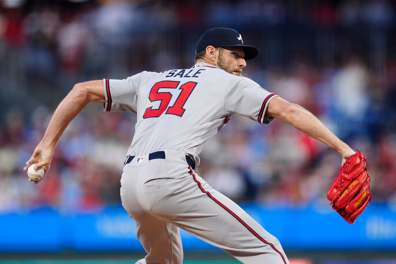 Atlanta Braves pitcher Chris Sale throws during the first inning of a baseball game against the Philadelphia Phillies, Saturday, April 18, 2026, in Philadelphia. (AP Photo/Derik Hamilton)
