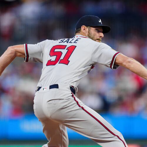 Atlanta Braves pitcher Chris Sale throws during the first inning of a baseball game against the Philadelphia Phillies, Saturday, April 18, 2026, in Philadelphia. (AP Photo/Derik Hamilton)