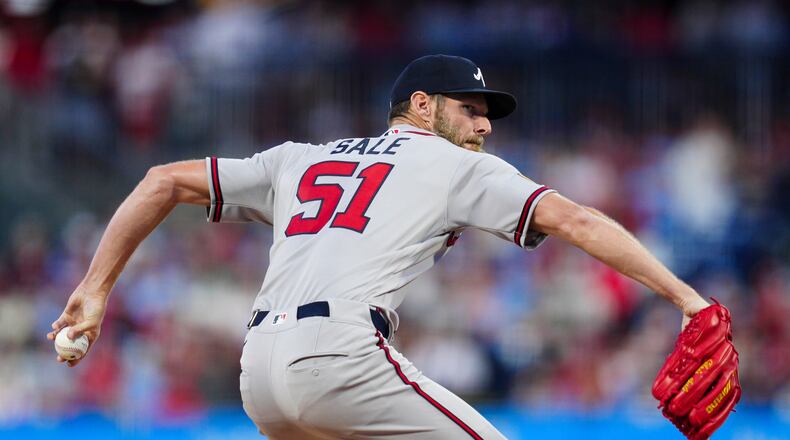 Atlanta Braves pitcher Chris Sale throws during the first inning of a baseball game against the Philadelphia Phillies, Saturday, April 18, 2026, in Philadelphia. (AP Photo/Derik Hamilton)