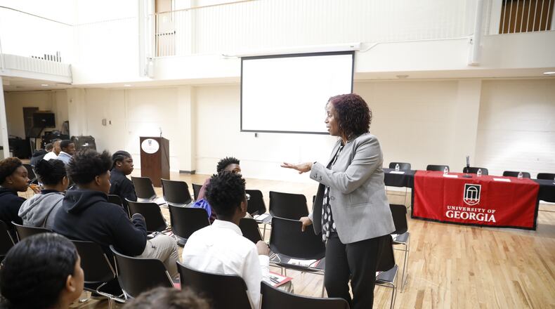 University of Georgia Vice Provost for Diversity and Inclusion and Strategic University Initiatives Michelle Cook greets students from Atlanta Public Schools during a campus visit. SUBMITTED PHOTO/ UNIVERSITY OF GEORGIA