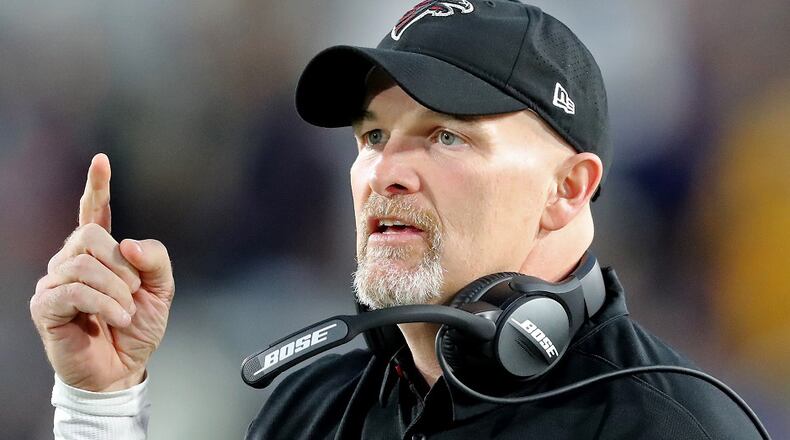 Dan Quinn coaches the Falcons to a 26-13 victory over the Rams in their NFL wild-card game on Saturday, January 6, 2018, in Los Angeles. Curtis Compton/ccompton@ajc.com