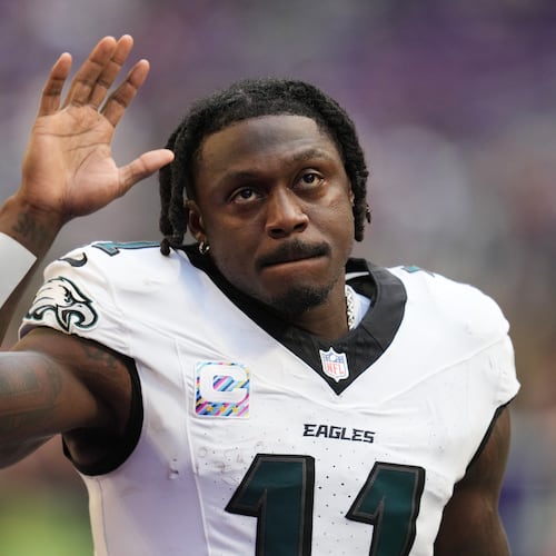 Philadelphia Eagles wide receiver A.J. Brown (11) walks off the field after a win over the Minnesota Vikings in an NFL football game Sunday, Oct. 19, 2025, in Minneapolis. (AP Photo/Abbie Parr)