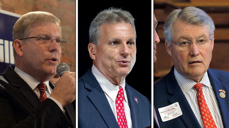 On Saturday, May 21, 2022, former President Donald Trump announced his endorsements of Georgia Republican congressmen: U.S. Reps. Barry Loudermilk (from left), Buddy Carter and Rick Allen. (AJC file photos)