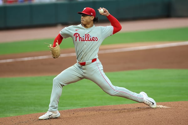 Philadelphia Phillies pitcher Jesús Luzardo delivers in the first inning of a baseball game against the Atlanta Braves, Saturday, June 28, 2025, in Atlanta. (AP Photo/Colin Hubbard)
