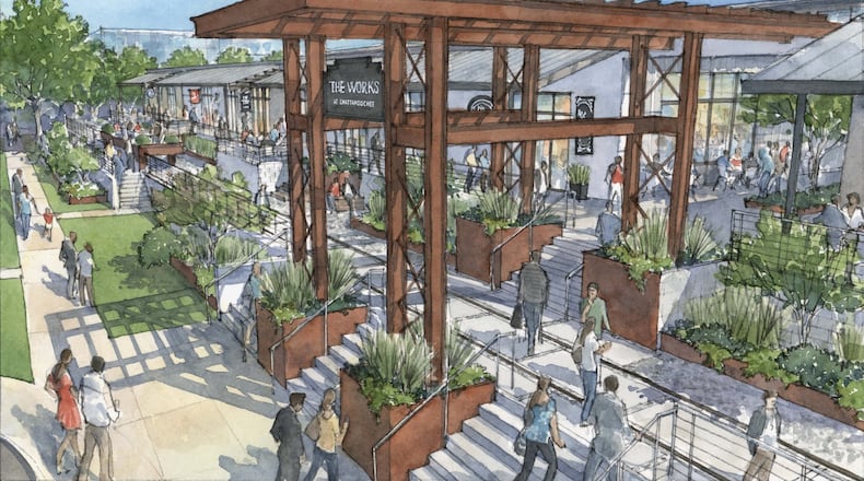 A rendering of the planned Works at Chattahoochee project in northwest Atlanta. Selig Development plans to transform aging warehouses into a blend of offices, apartments, retail, restaurants and green space. SPECIAL