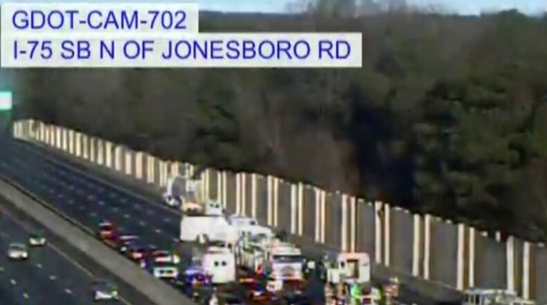 All northbound lanes of I-75 in Clayton County were shut down for hours Tues., Feb. 16, 2016. (Credit: Channel 2 Action News)