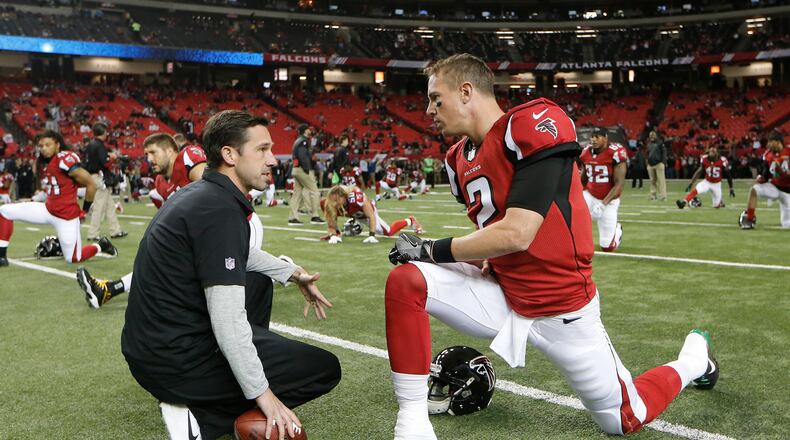 Atlanta Falcons quarterback Matt Ryan (2) speaks with Offensive Coordinator Kyle Shanahan before the first half of an NFL football game between the Atlanta Falcons and the Kansas City Chiefs, Sunday, Dec. 4, 2016, in Atlanta. (AP Photo/John Bazemore)