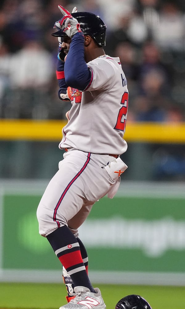 Braves centerfielder Michael Harris II after an two-run double in Colorado on Monday.