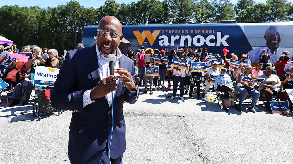 U.S. Sen. Raphael Warnock spoke to supporters at a September campaign stop in southwest Atlanta. At that gathering, he spoke about his support for expanding Medicaid and a provision in the Inflation Reduction Act that he sought to cap the cost of insulin for those on Medicare to no more than $35 a month. Curtis Compton / Curtis Compton@ajc.com