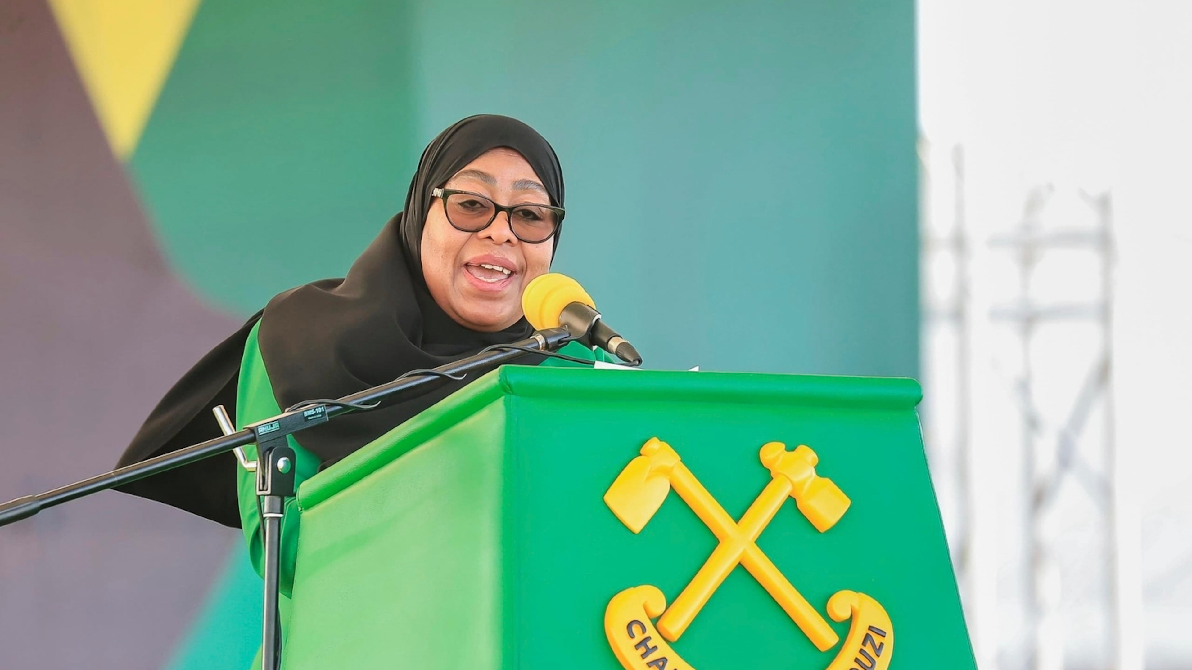 FILE - Tanzania's President Samia Suluhu Hassan delivers her remarks during the launch of the party's campaign for the upcoming general elections, at Tanganyika Packers grounds in Dar es Salaam, Tanzania, Thursday, Aug. 28, 2025. (AP Photo/Steven Genya, File)