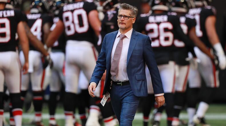 Atlanta Falcons general manager Thomas Dimitroff watches the team prepare to play the Seattle Seahawks in an NFL football game on Sunday, October 27, 2019, in Atlanta.   Curtis Compton/ccompton@ajc.com
